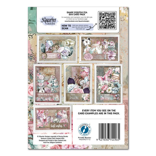 Back of Share Positivi-Tea card making kit showing six floral tea-themed sample cards and pack details