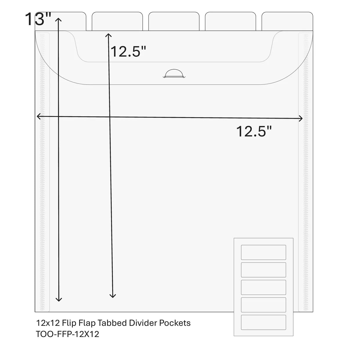 The Organized Option 12x12 Flip Flap Tabbed Divider Pocket dimensions — 13 inches tall by 12.5 inches wide with 5 staggered tab positions