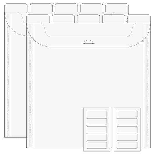The Organized Option 12x12 Flip Flap Tabbed Divider Pockets pack of 10 shown as two sets of 5 with staggered tabs and label sticker sheets