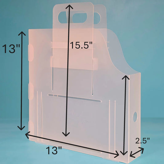 The Organized Option 12x12 Paper Handle-It dimensions — 13 inches wide, 13 inches tall, 2.5 inches deep, 15.5 inches to top of handle