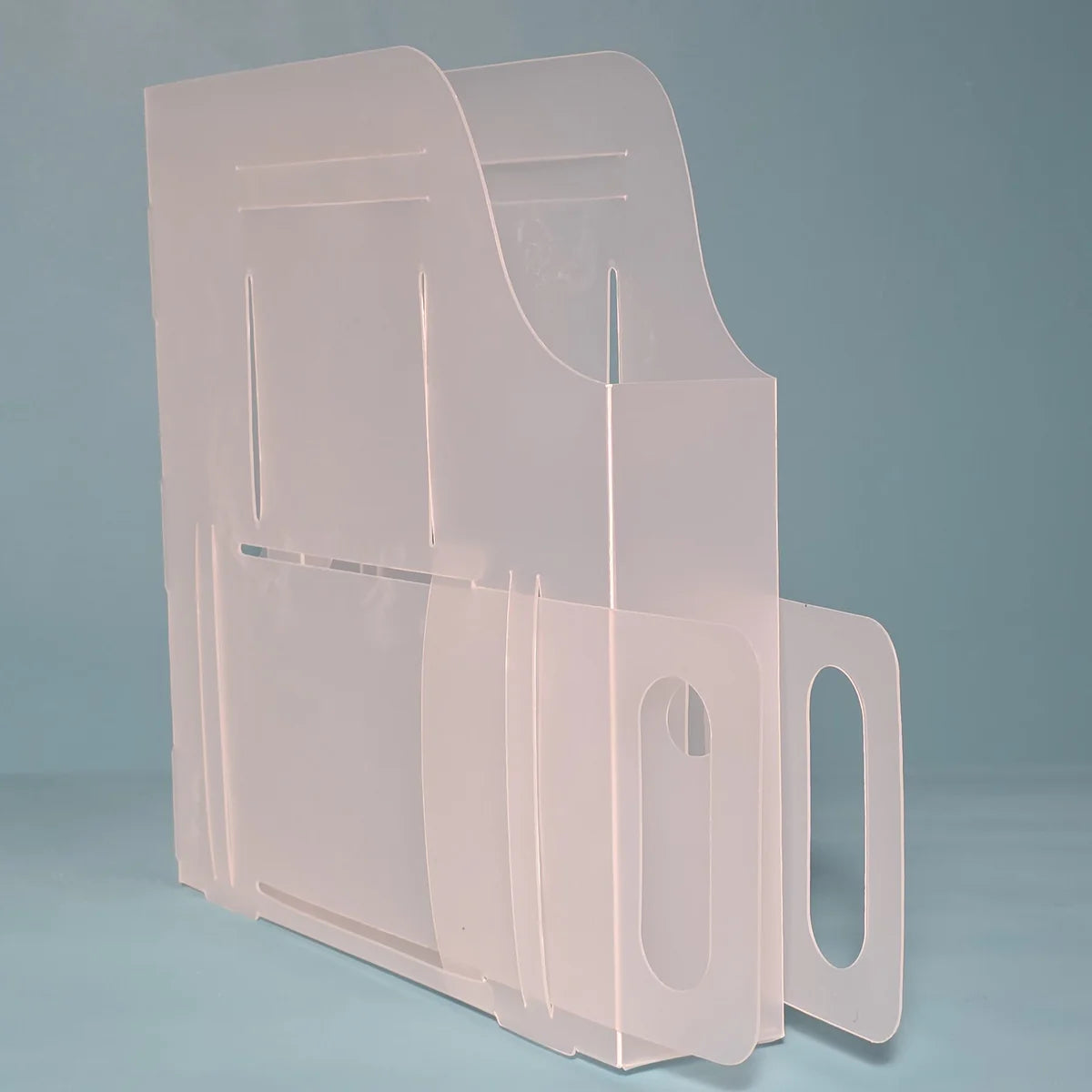 The Organized Option 12x12 Paper Handle-It upright showing front shelf-pull handle position, angled side view