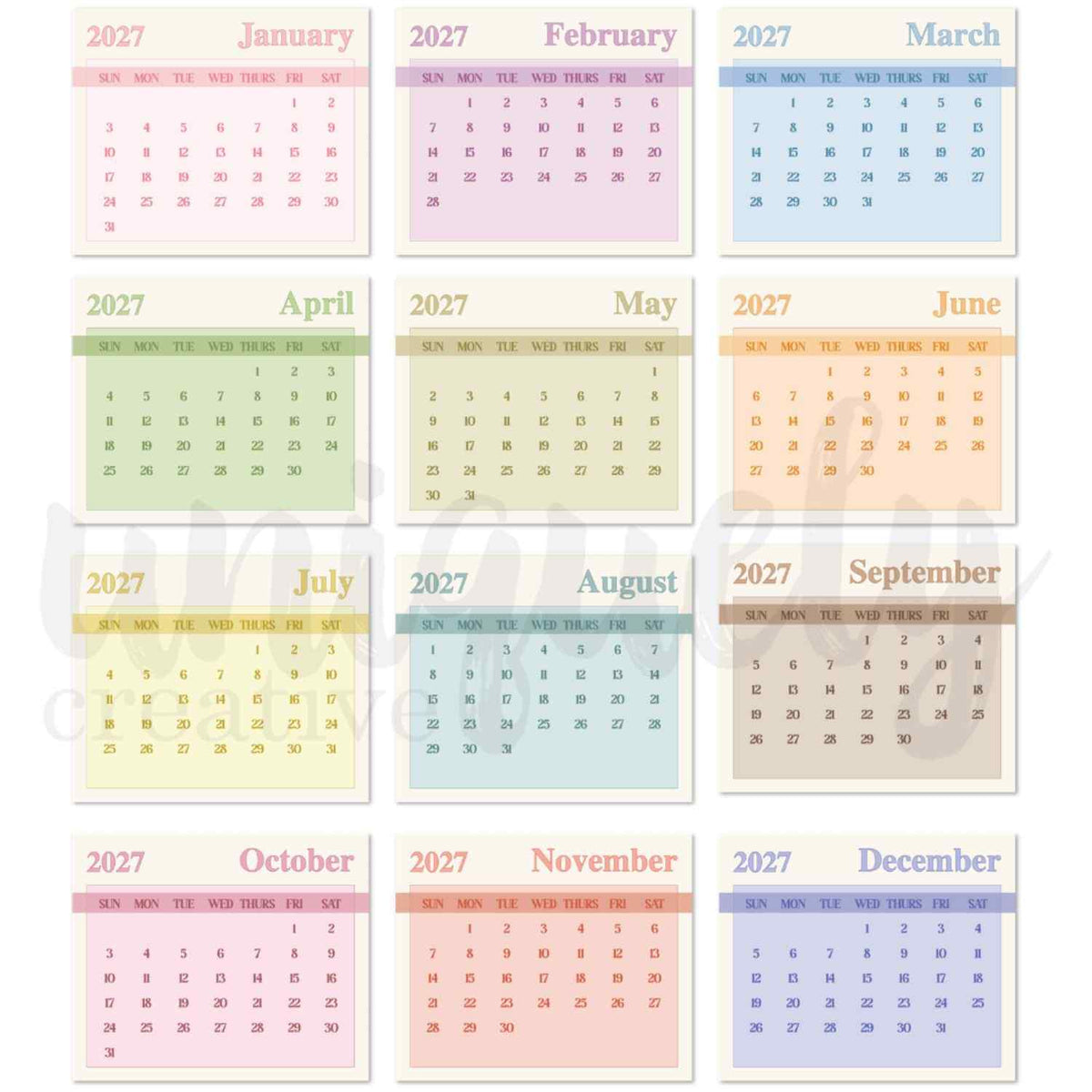 Uniquely Creative 2027 Calendar Pads showing all 12 monthly calendar pages laid out in a grid, each in a different soft pastel colourway — pink January, lilac February, blue March, sage April, yellow-green May, peach June, yellow July, teal August, taupe September, rose October, coral November, and periwinkle December