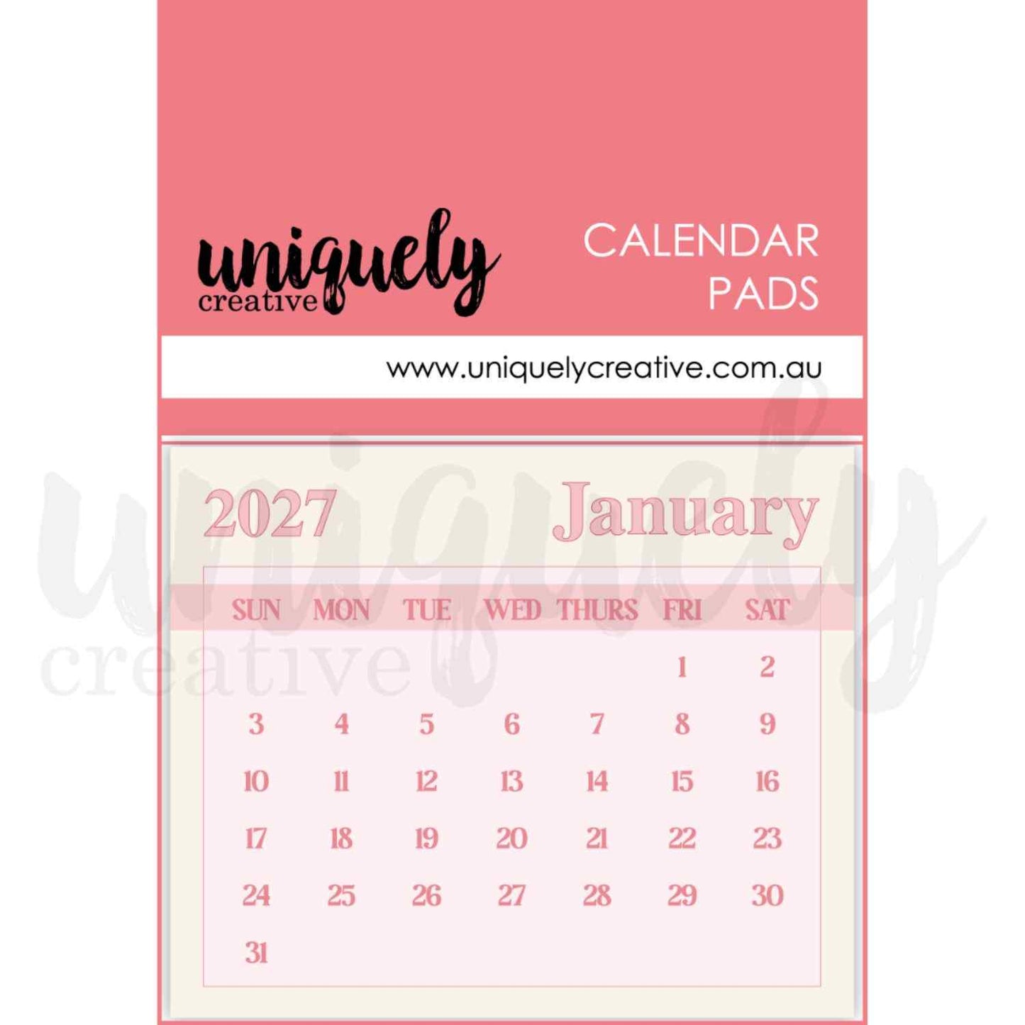 Uniquely Creative 2027 Calendar Pads packaging with coral pink header showing the January 2027 calendar page in a soft pink colourway with cream background