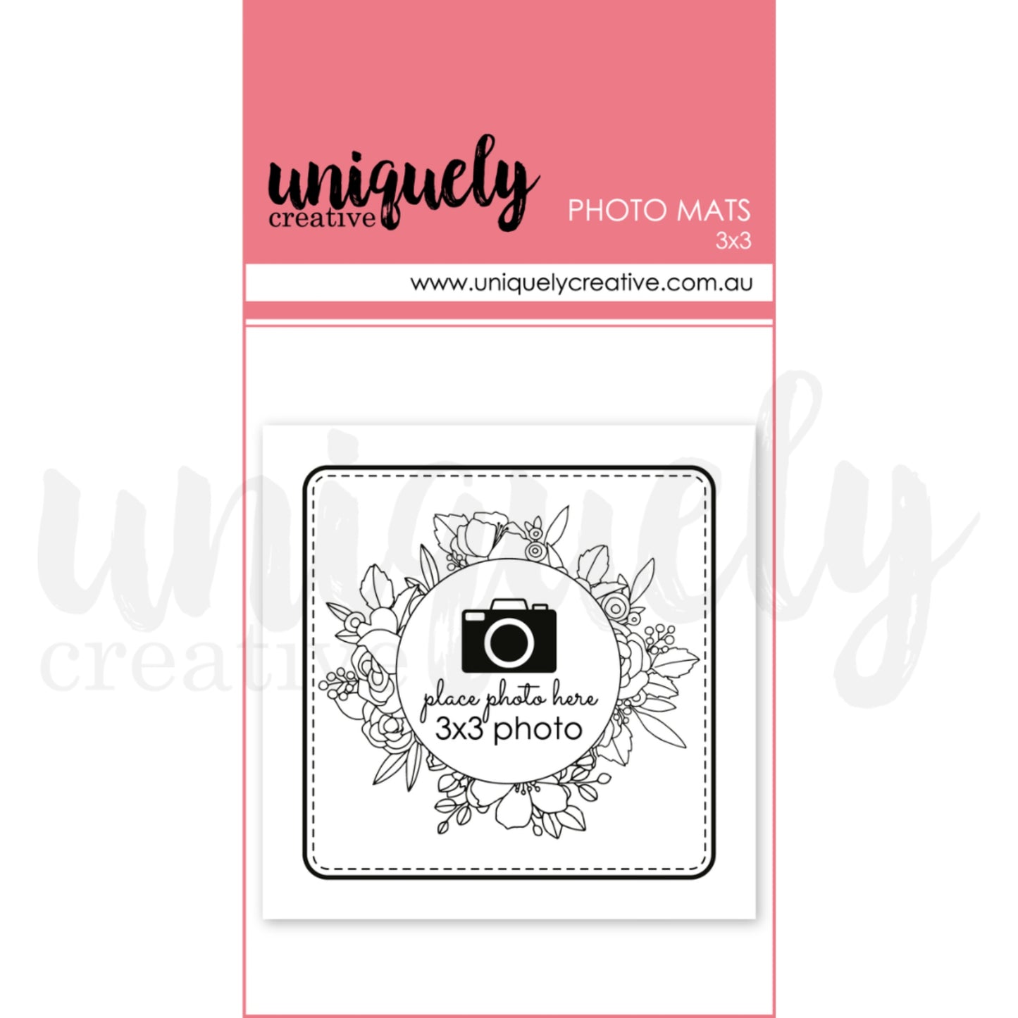 Uniquely Creative 3x3 photo mats pack showing white cardstock mat with floral wreath design and camera icon place holder for scrapbook layout planning