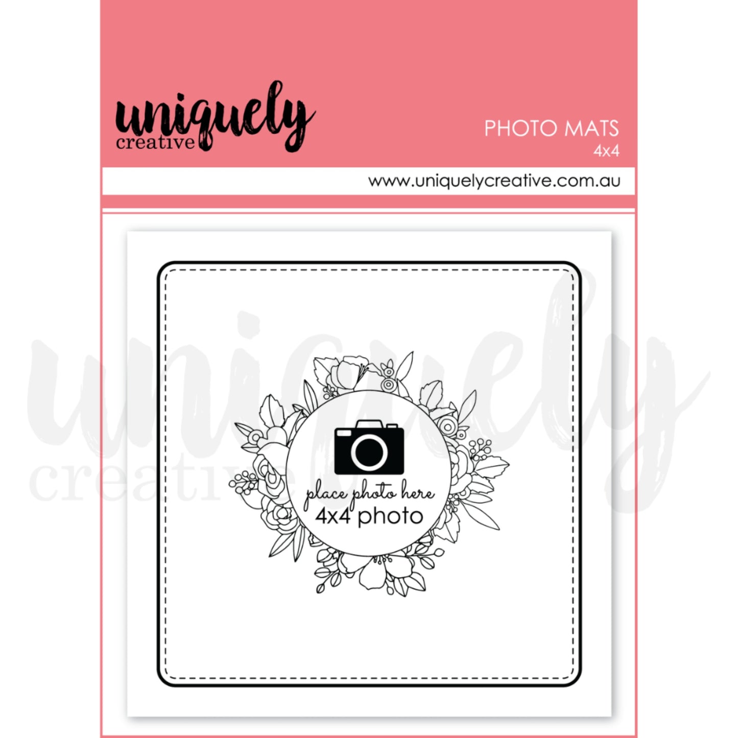 Uniquely Creative 4x4 photo mats pack showing white cardstock mat with floral wreath design and camera icon place holder for scrapbook layout planning