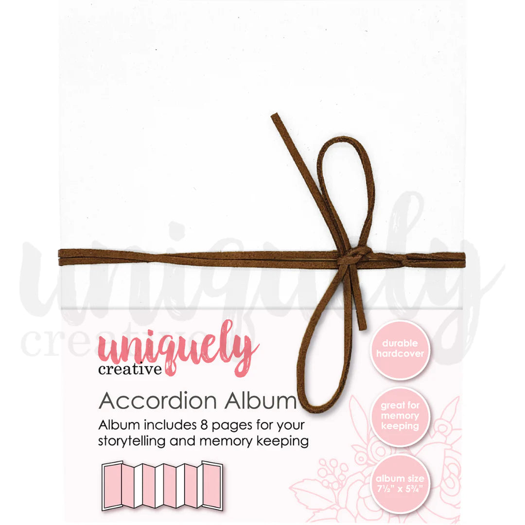 Uniquely Creative white accordion album with thick chipboard cover, brown leather cord closure and 8 connected pages shown in accordion fold diagram, size 5 3/4 by 7 1/2 inches for memory keeping and scrapbooking