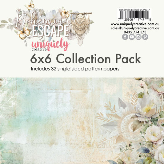 Uniquely Creative Bohemian Escape 6x6 Collection Pack with 32 single-sided patterned papers in pastel florals, butterflies, and boho-inspired textures—ideal for card making and journalling.