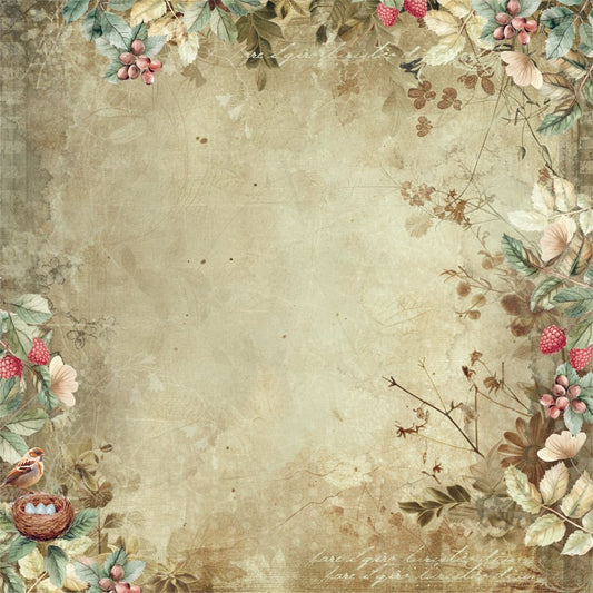 Front side of 12x12 scrapbook paper with brown background and watercolour birds, berries, and foliage