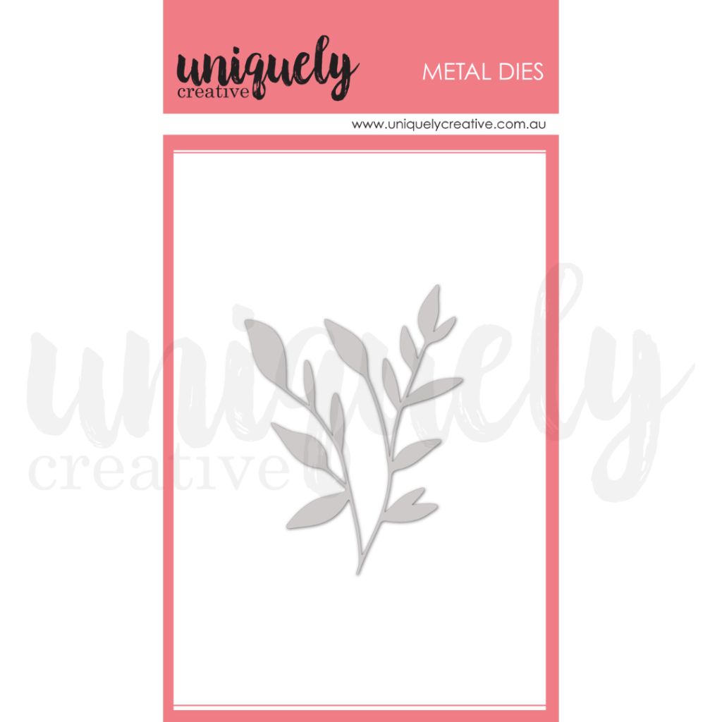 Packaging for a Uniquely Creative metal die showing a leafy branch silhouette, used for cutting paper shapes in crafting projects.