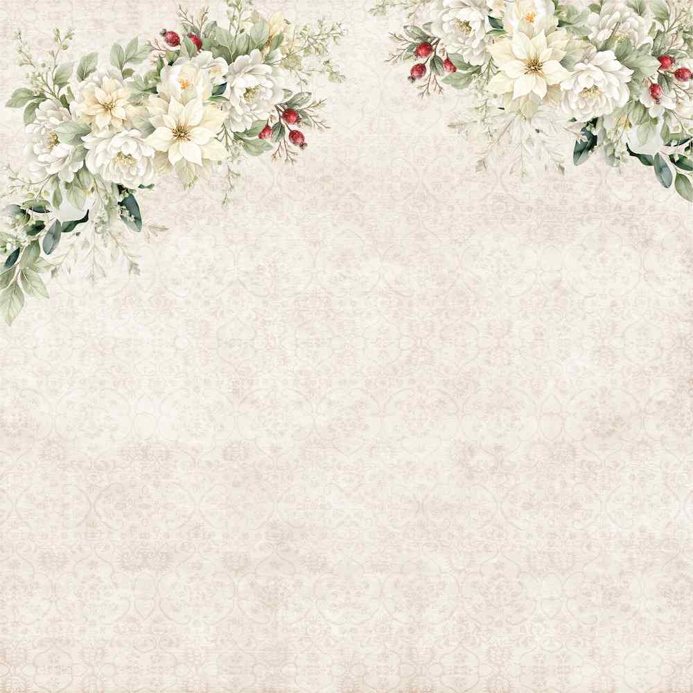 Evergreen Lane paper front with white flowers, foliage and red berries above a pale open background