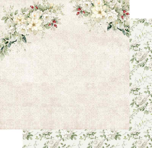 Uniquely Creative Evergreen Lane double-sided paper preview showing a pale floral front and a repeating white-flower reverse