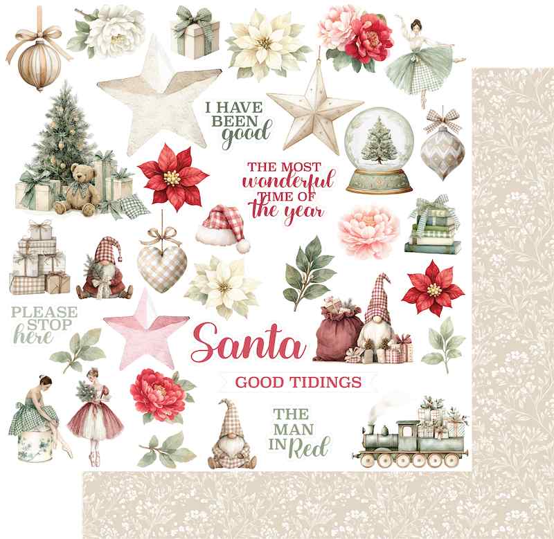 Good Tidings double-sided Christmas paper preview showing cut-apart illustrations and phrases alongside the pale floral reverse