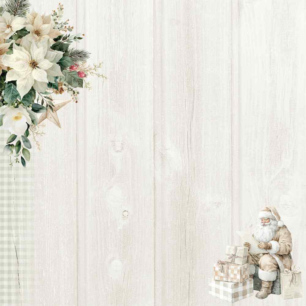 Letters to Santa paper front with creamy poinsettias and a star at the upper left, Santa and wrapped gifts at the lower right, and printed whitewashed planks between them