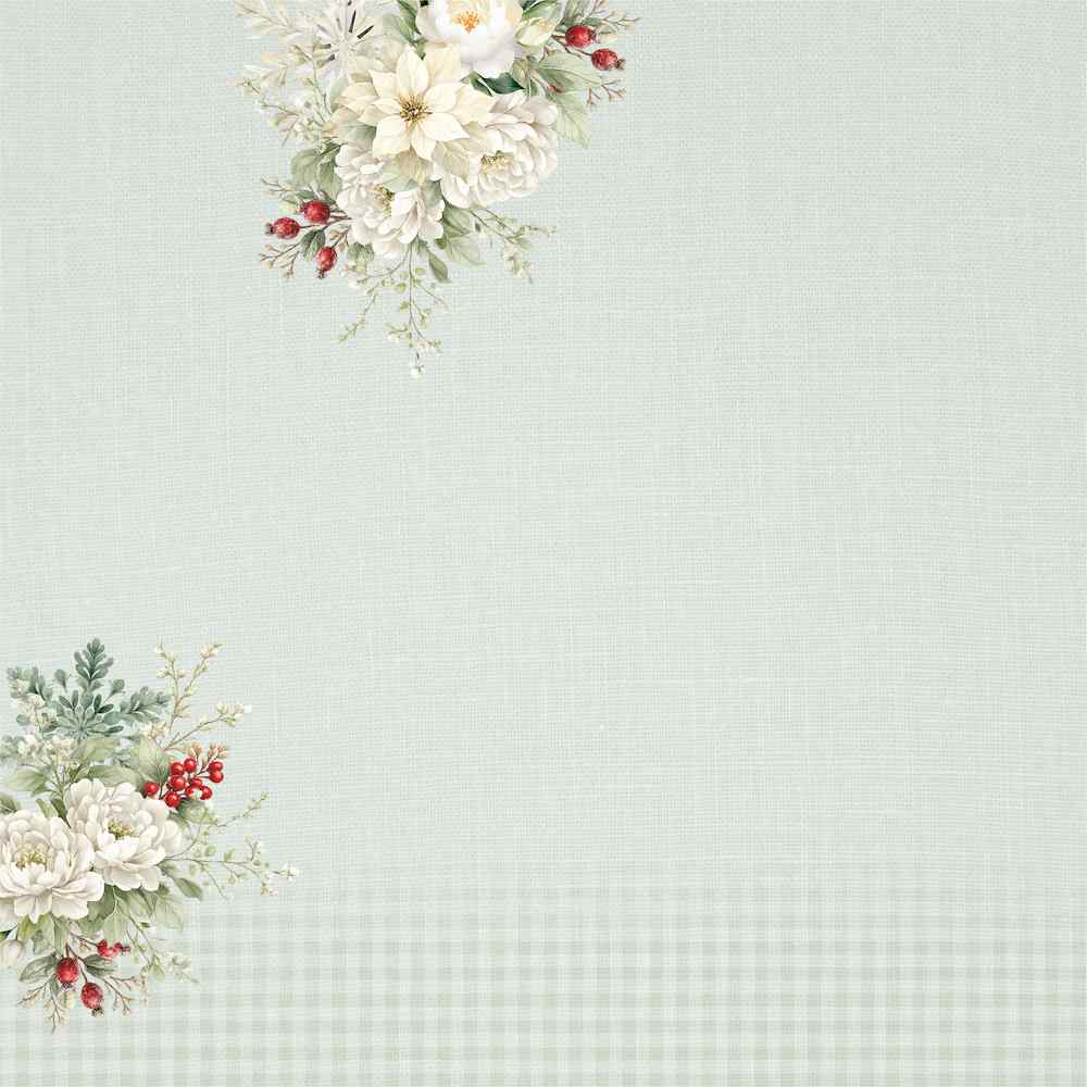 Merry Little Things paper front with white floral clusters and red berries at the top and lower left of a pale sage background