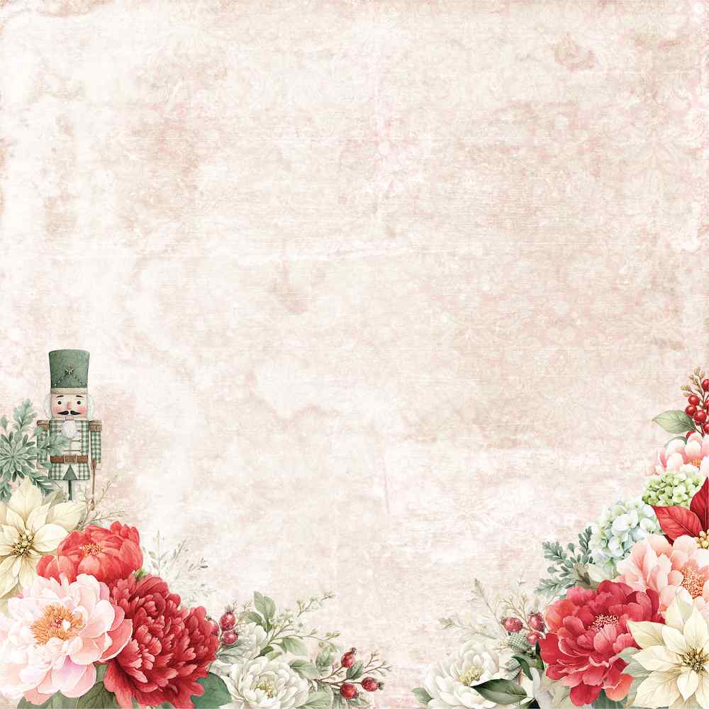 The Nutcracker paper front with a small nutcracker among flowers at the lower left, more flowers at the lower right, and open space above