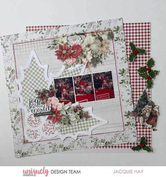 Scrapbook layout with three small photos of a young girl doing Christmas baking. A Holly Overlay decorates the bottom left corner.