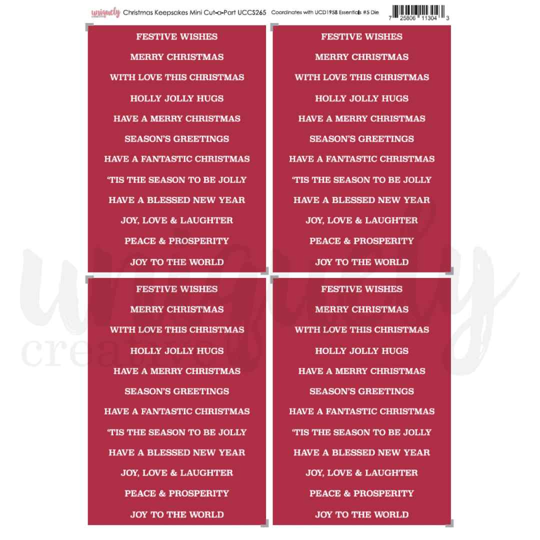 Christmas Keepsakes Mini Cut-a-Part Sheet by Uniquely Creative, with four matching deep red panels in a two-by-two layout, each printed with white festive sentiments for handmade cards including “Merry Christmas,” “Season’s Greetings,” “Joy, Love & Laughter” and “Joy to the World.”