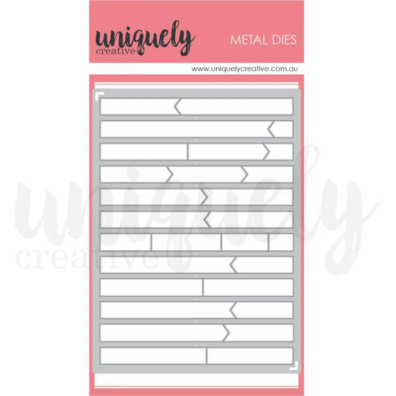 Uniquely Creative Cut-A-Part Essentials #4 Die showing metal die sheet with 12 sentiment strip designs including straight strips, notched ends, arrow points and divided sections