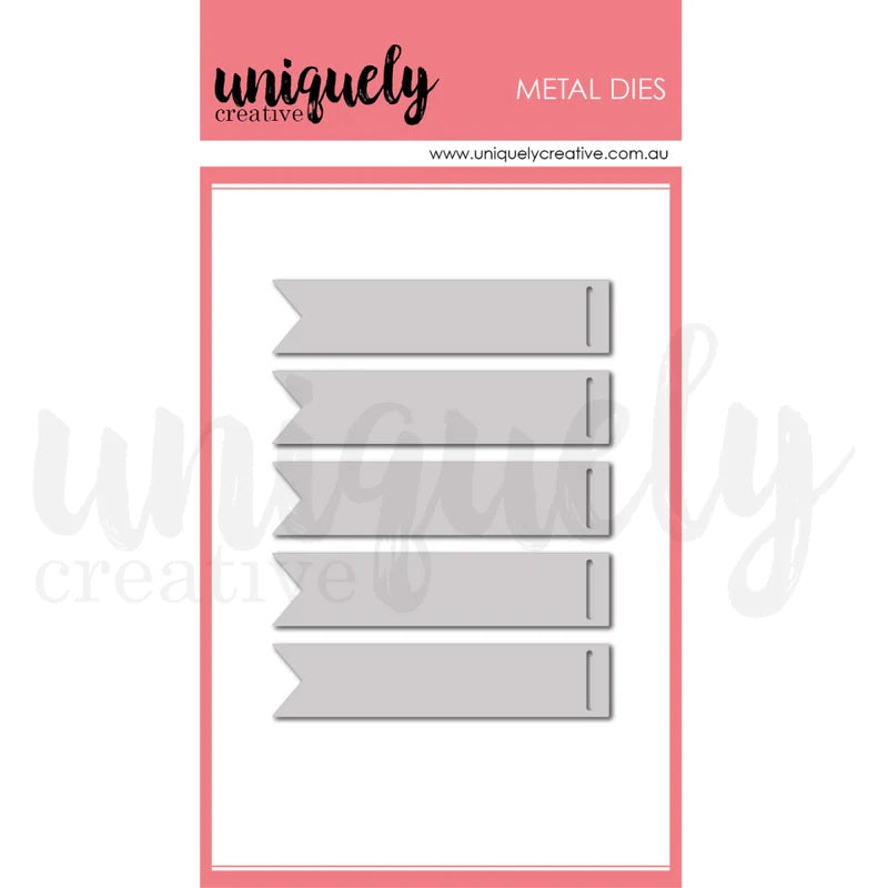 Uniquely Creative Cut-A-Part Essentials #8 Die showing metal die with 5 banner shapes with notched fishtail ends