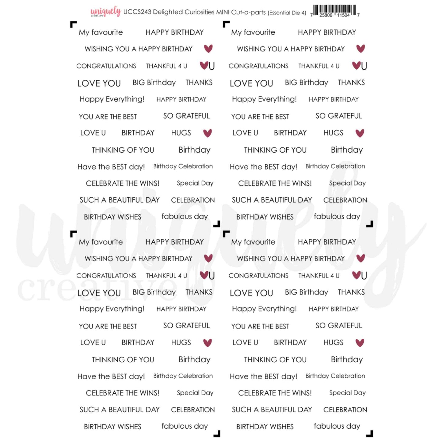 Uniquely Creative Delighted Curiosities Mini Cut-a-Part Sheet featuring celebration and occasion sentiments in mixed typestyles with mauve heart details, repeated four times on 200gsm cardstock