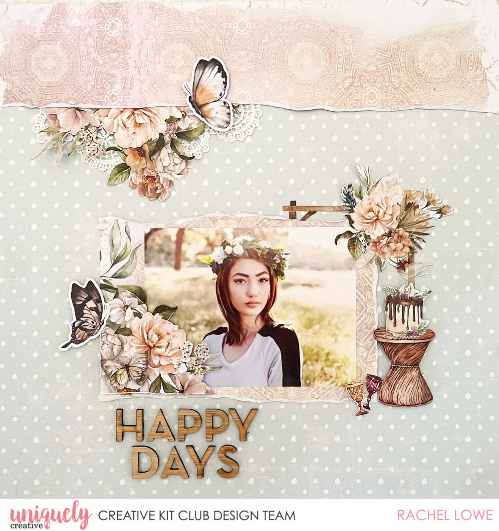 Uniquely Creative Wooden Alphabet embellishments used on a scrapbook layout titled Happy Days by Uniquely Creative Kit Club design team member Rachel Lowe