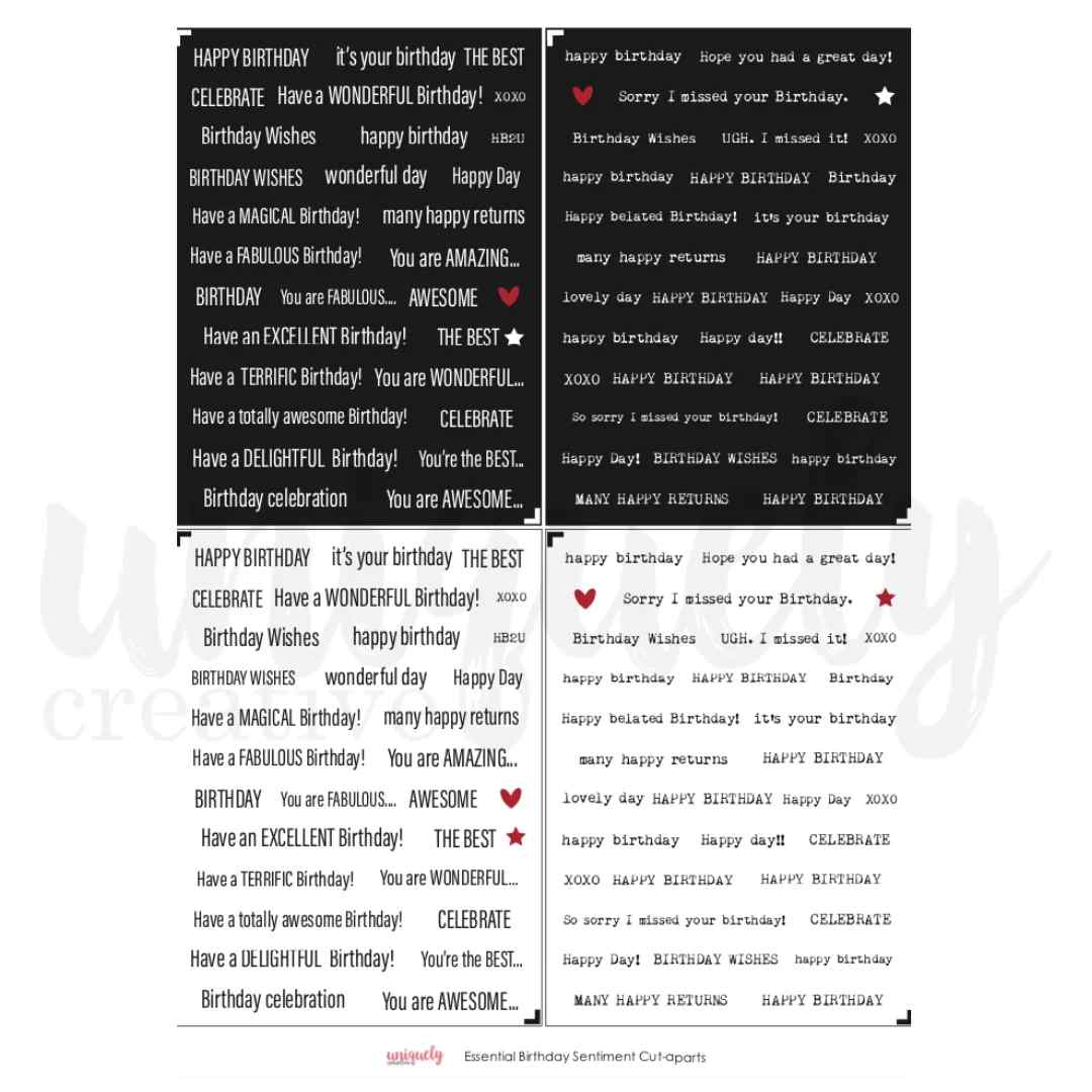Uniquely Creative Essential Birthday Sentiments cut-apart sheet showing four panels of birthday phrases with red and black accent hearts and stars