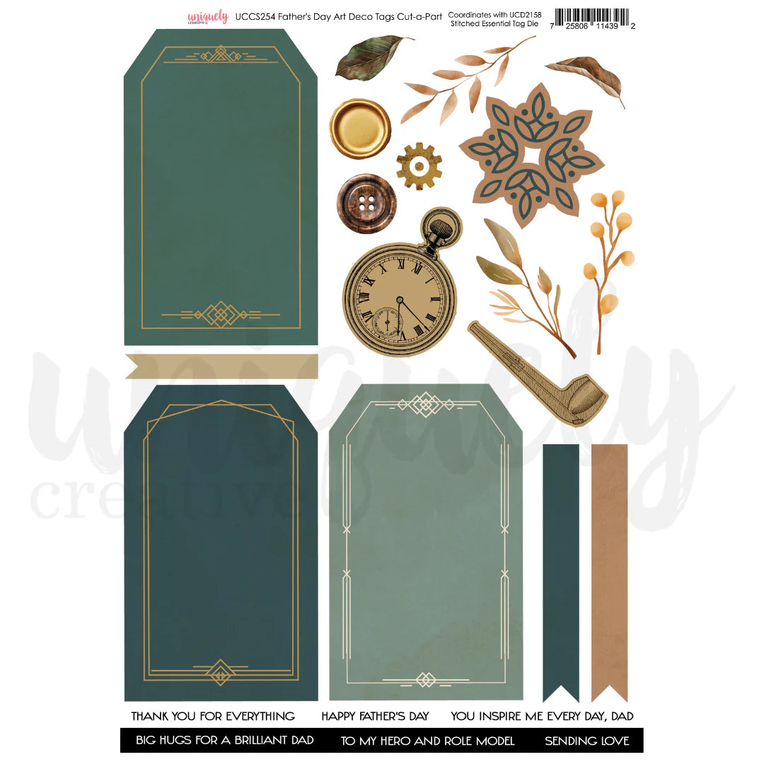 Father's Day Art Deco Tags Cut-a-Part Sheet by Uniquely Creative — A4 200gsm with teal and sage tag panels, pocket watch, tobacco pipe, art deco medallion, sentiment strips and foliage in teal, gold and tan tones