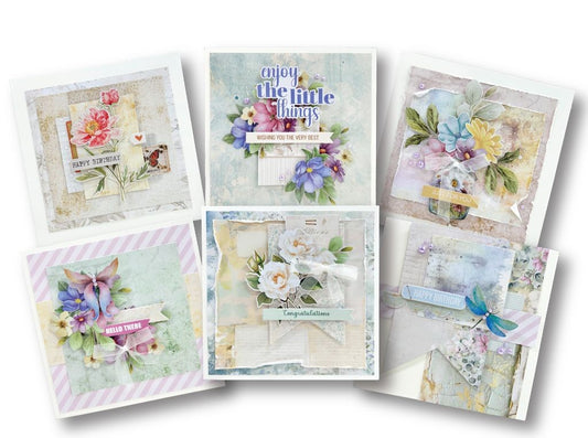 Six handmade floral greeting cards and layered embellishments, perfect for birthdays, congratulations, and everyday sentiments using the Floral Archives Collection from Uniquely Creative.