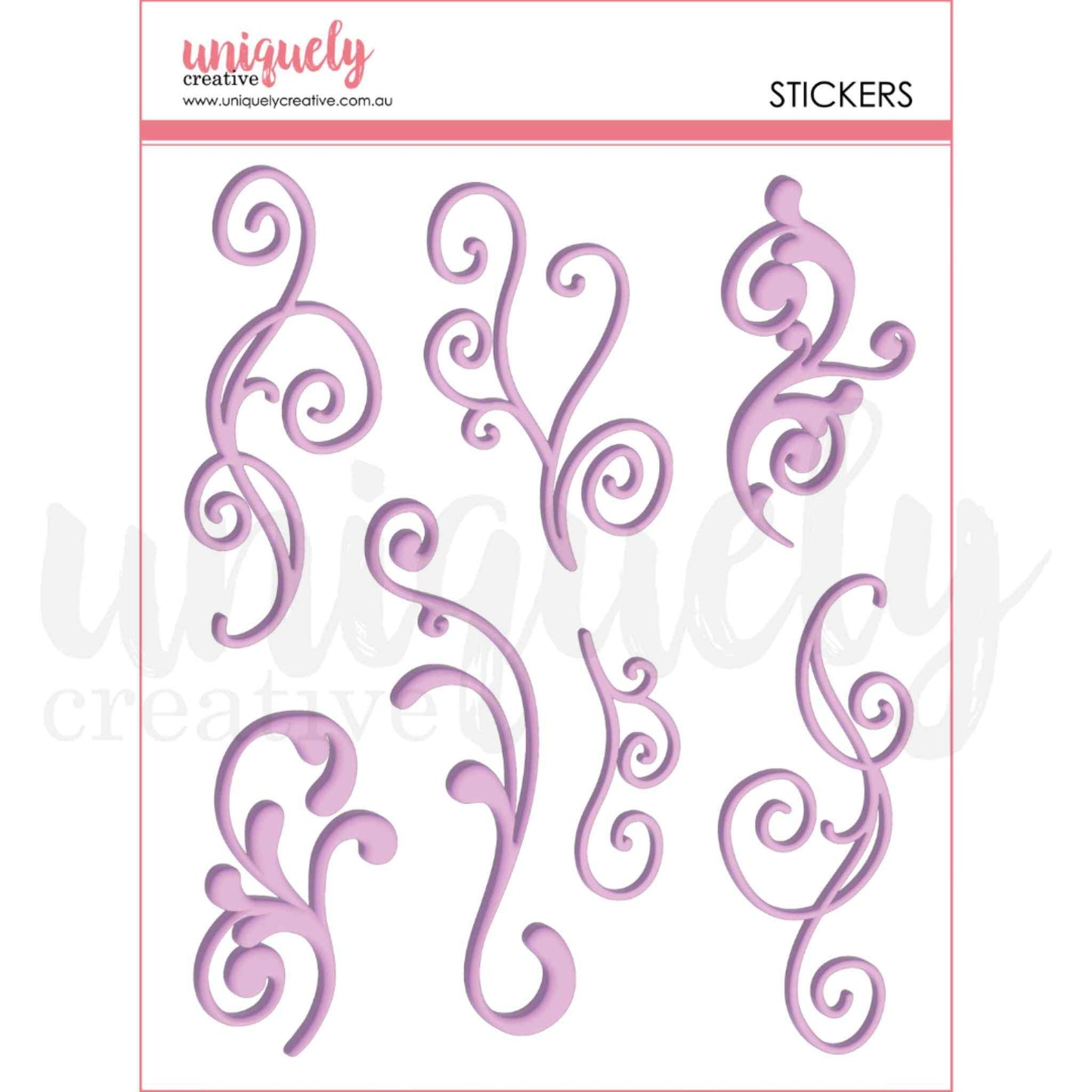 Uniquely Creative Flourish Puffy Stickers in Purple — sheet of 7 self-adhesive swirling flourish puffy stickers ranging from 2½ to 4¾ inches tall