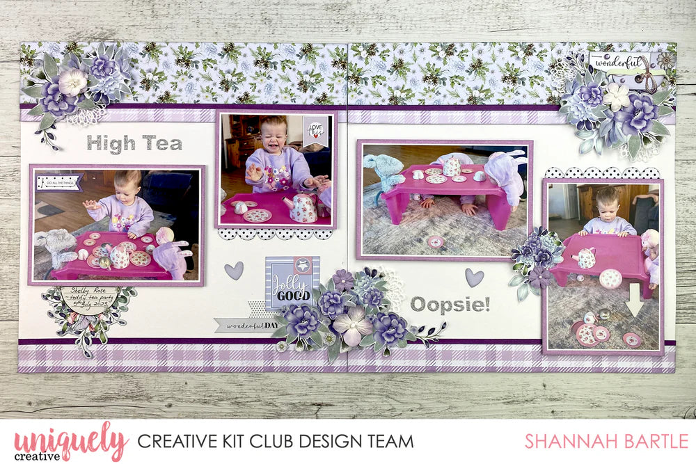 Uniquely Creative Silver Glitter Alpha Stickers spelling "High Tea" and "Oopsie!" on a double-page scrapbook layout by Uniquely Creative Kit Club designer Shannah Bartle