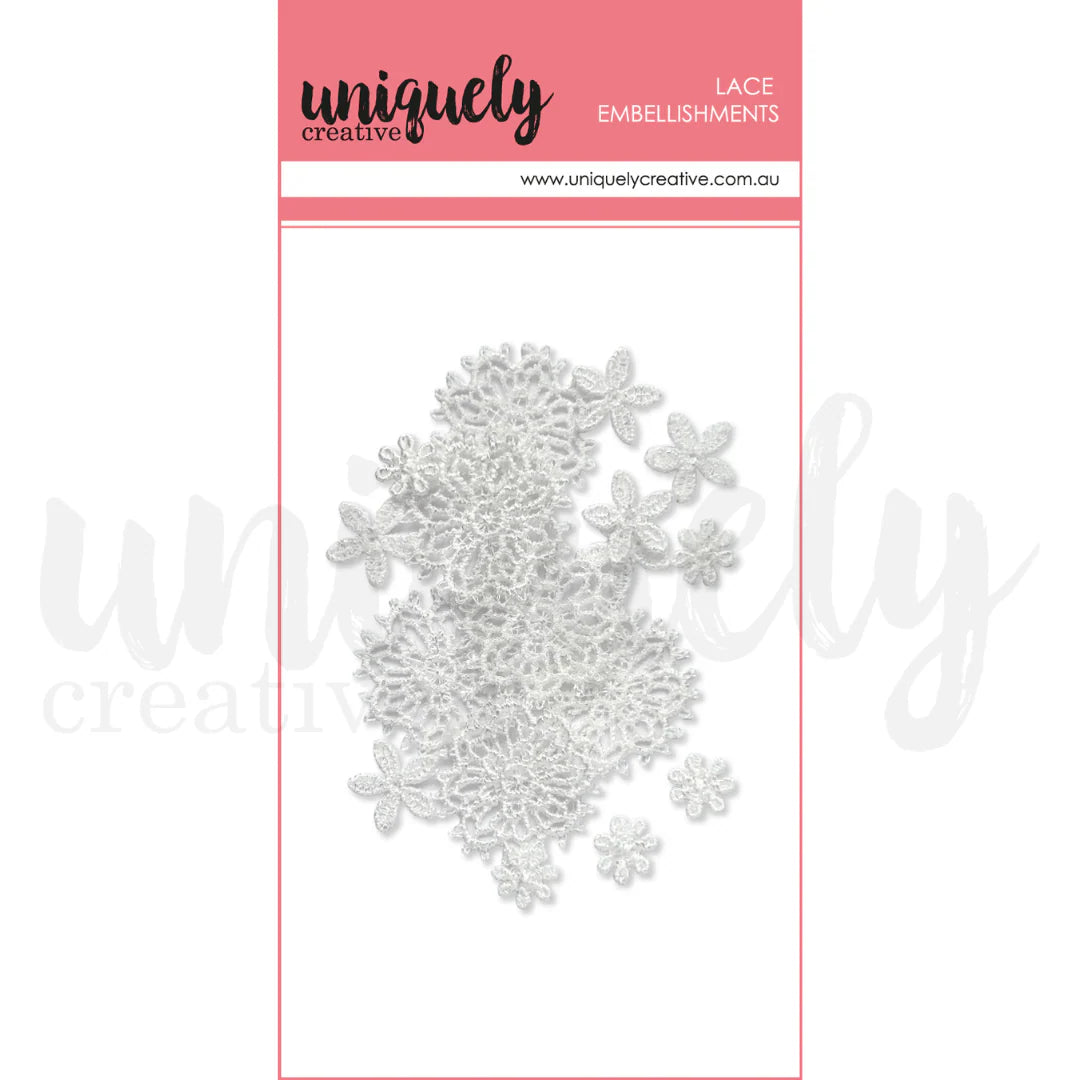 Uniquely Creative Lace Daisies — 18 white lace flower embellishments in assorted sizes on packaging