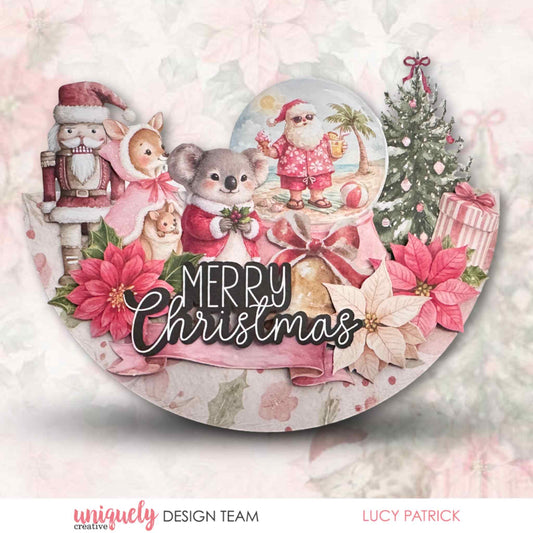 Handmade shaped Christmas card with Uniquely Creative Little Festive Things creative cuts featuring a koala, kangaroo, nutcracker, beach Santa snow globe, and Merry Christmas sentiment in pink tones