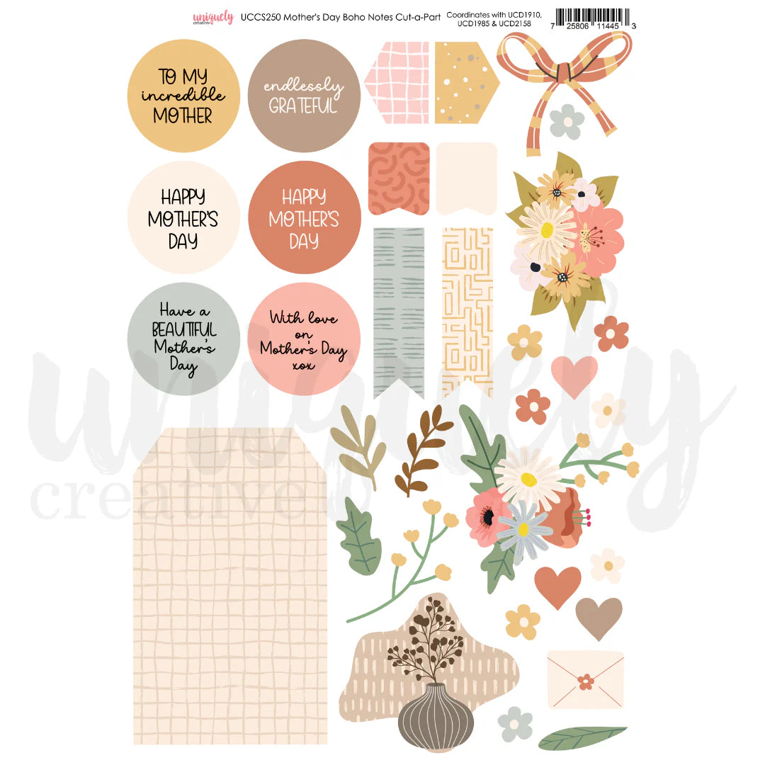 Mother's Day Boho Notes Cut-a-Part Sheet by Uniquely Creative — A4 200gsm with sentiment circles, floral clusters, hearts, patterned tabs and tag panel in blush, terracotta, sage and cream tones