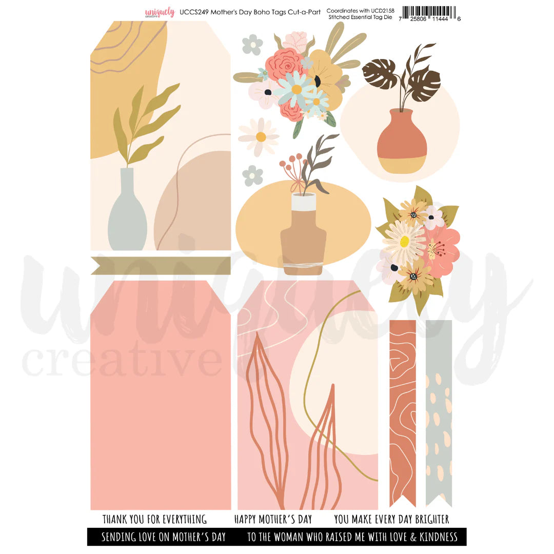 Mother's Day Boho Tags Cut-a-Part Sheet by Uniquely Creative — A4 200gsm with gift tags, floral arrangements, vase illustrations and sentiment strips in blush pink, sage green and warm cream tones