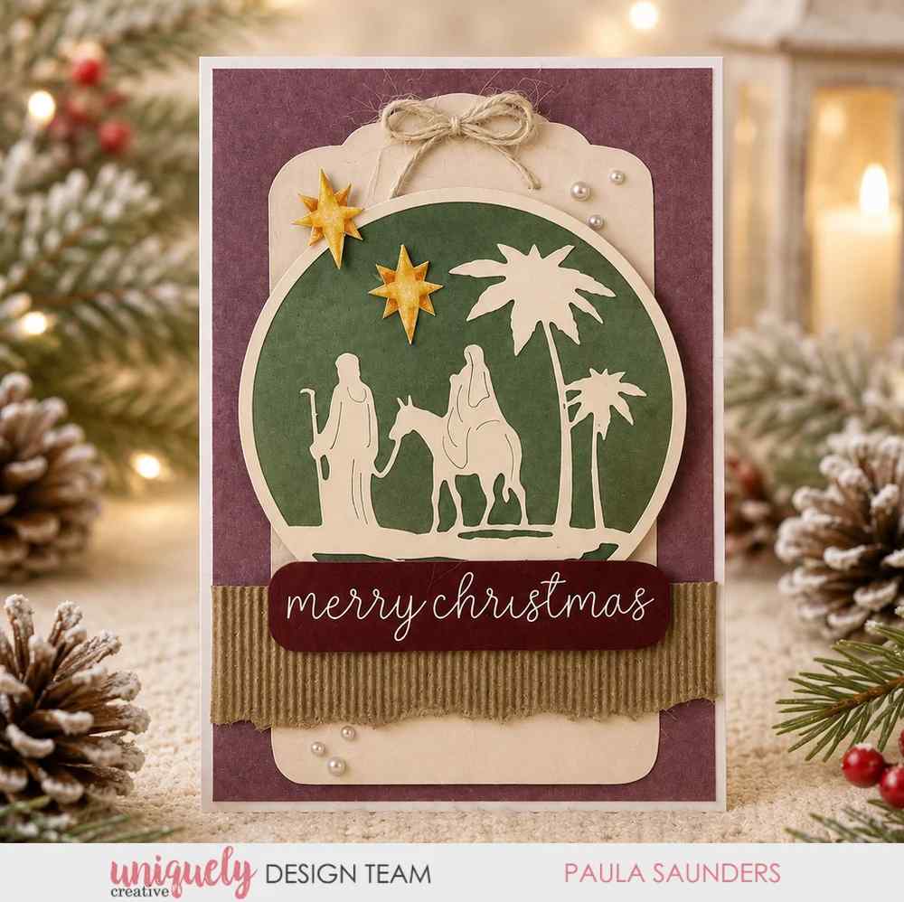 Handmade Merry Christmas card featuring a Nativity Scene cut with a Uniquely Creative Die
