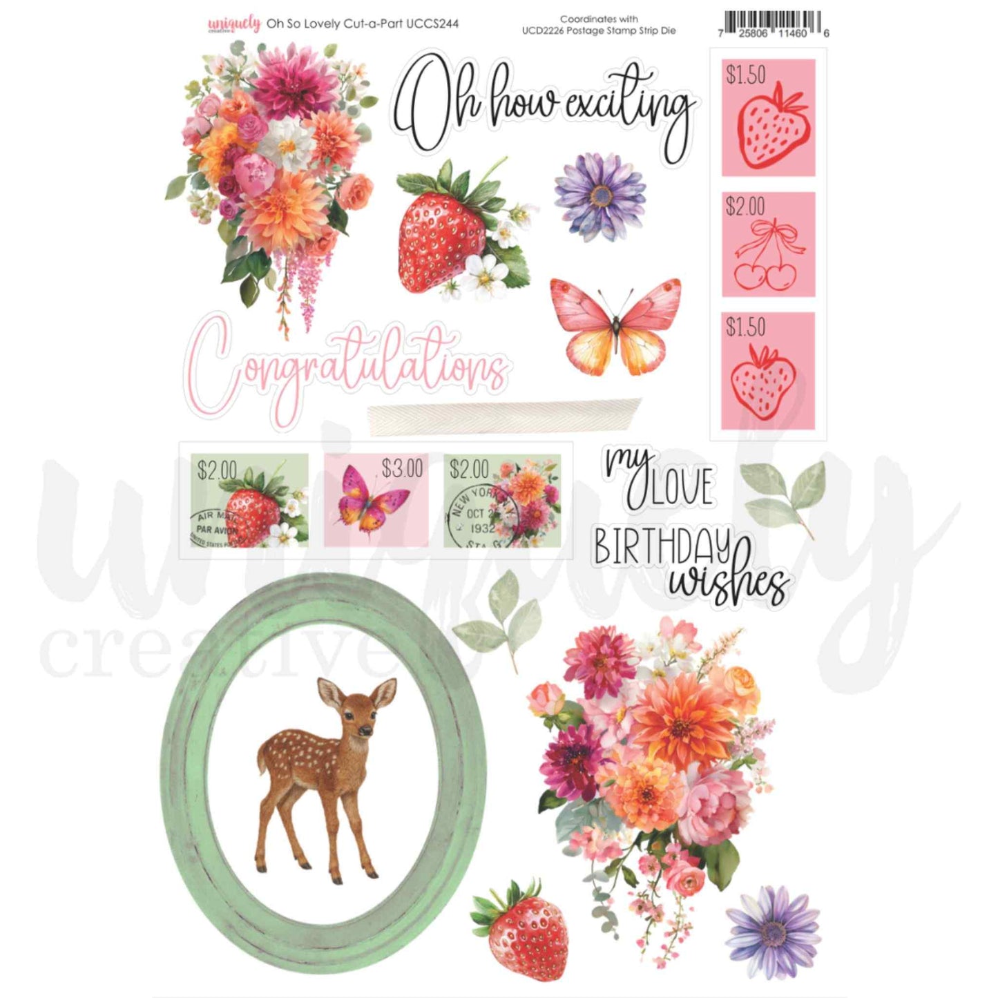 Uniquely Creative Oh So Lovely Cut-a-Part A4 sheet showing watercolour floral bouquets, a fawn in a sage oval frame, vintage postage stamps, butterfly, strawberry, daisy and sentiments including Oh How Exciting, Congratulations and Birthday Wishes