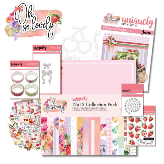 Uniquely Creative Oh So Lovely June Creative Kit contents flatlay showing the 12x12 Collection Pack, Creative Cuts, Dimensional Stickers, Washi Tape Combo, Fruity Fun Overlays, Classic Bows Die, Iridescent Pearls and June Creative Magazine