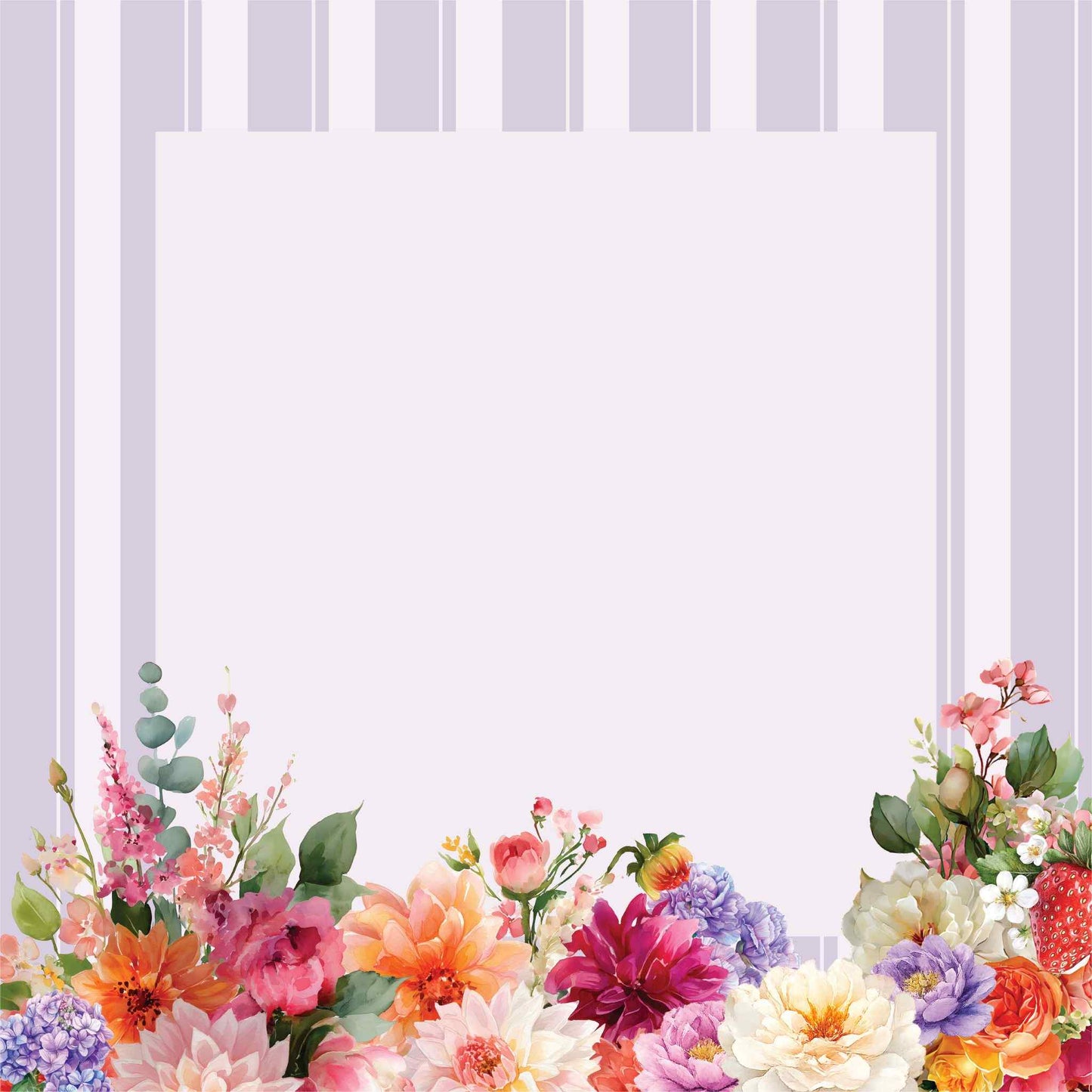 Front side of Uniquely Creative Oh So Lovely Oh My Stars 12x12 paper featuring a soft lavender stripe background with an open frame and a lush watercolour floral border of dahlias, peonies, roses, hydrangeas, eucalyptus and strawberry along the bottom