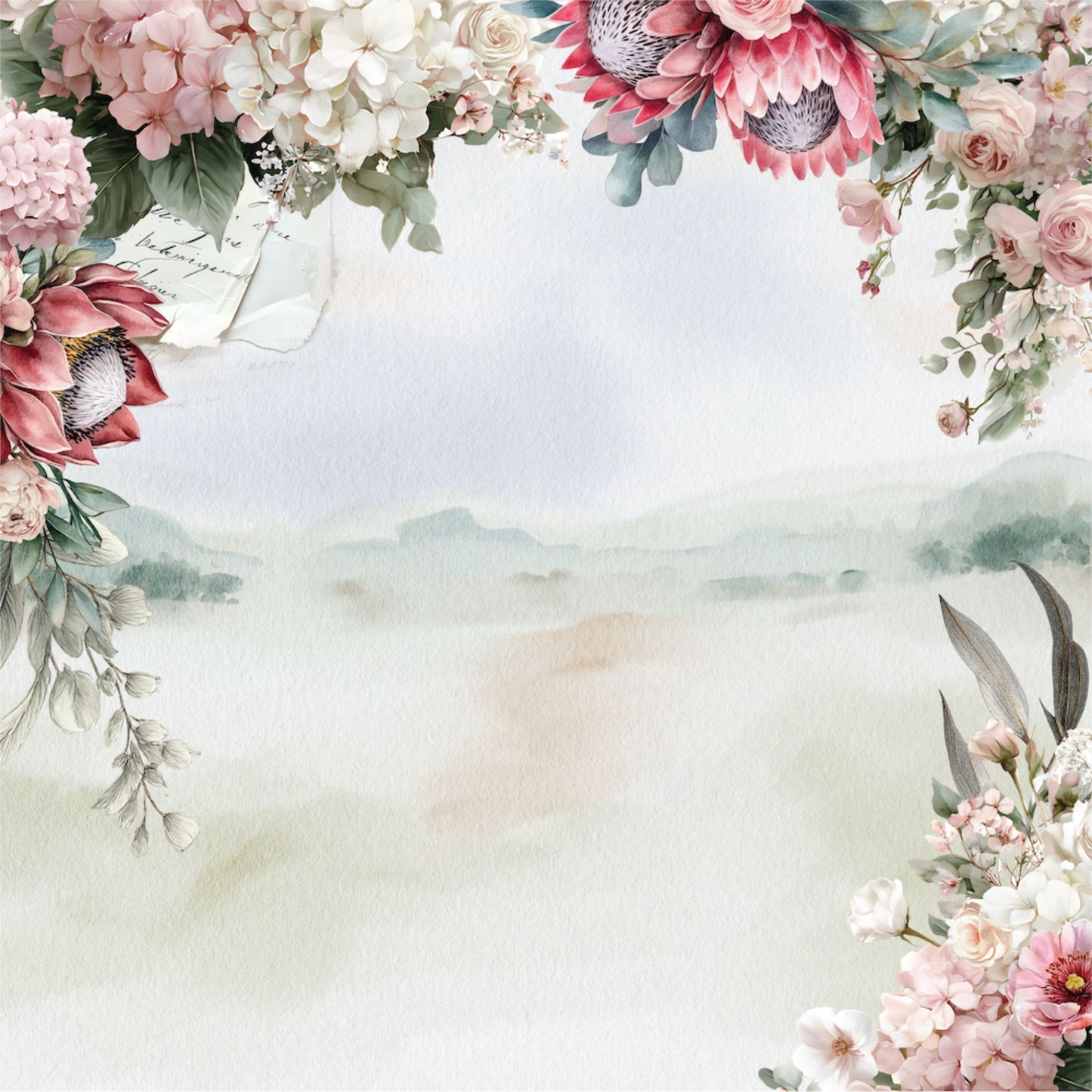 Paperbark Blooms Folded Stories 12x12 paper front with protea and hydrangea floral arch over watercolour landscape by Uniquely Creative