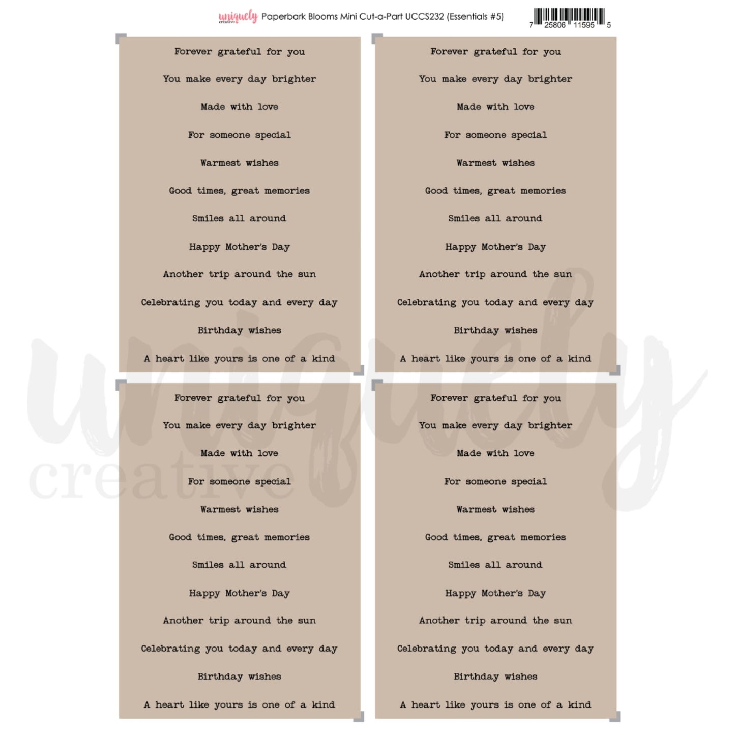 Paperbark Blooms Mini Cut-a-Part Sheet with 12 kraft sentiment phrases by Uniquely Creative