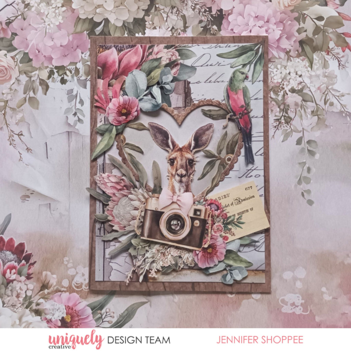 Paperbark Blooms sample card with kangaroo, Rosella, protea, magnolia and eucalyptus by Uniquely Creative