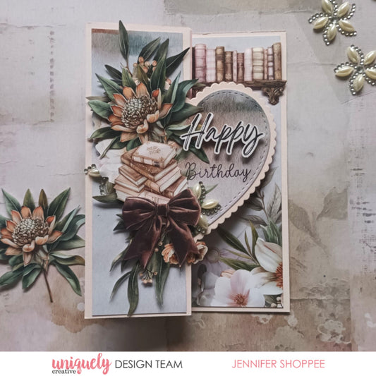 Paperbark Blooms Happy Birthday card with king protea, vintage books, velvet bow and magnolia by Uniquely Creative