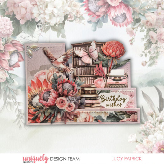 Paperbark Blooms Birthday Wishes step card with protea, butterfly, wren, vintage bookcase and typewriter by Uniquely Creative