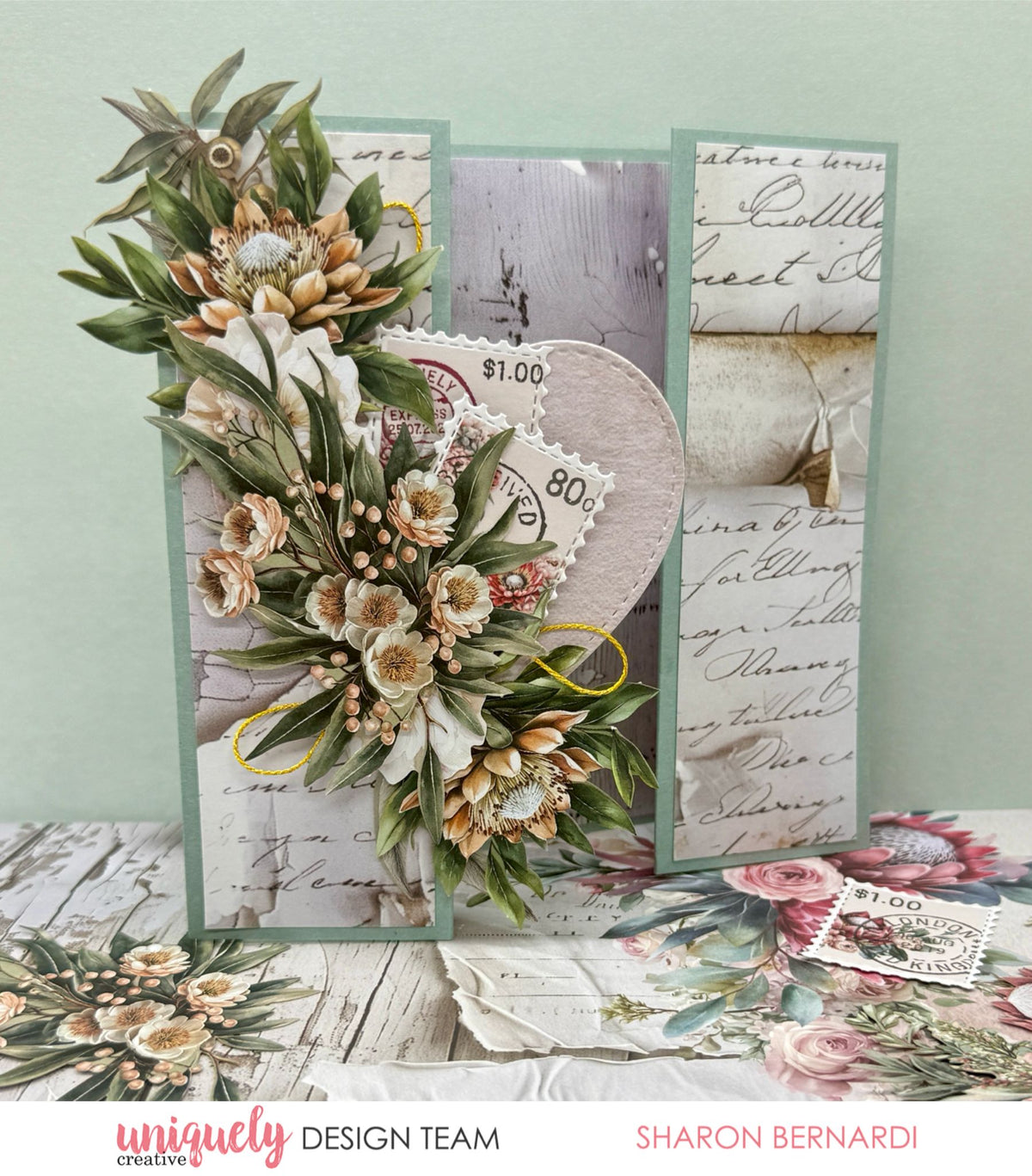 Paperbark Blooms tri-fold card with cream protea, native blooms, vintage postage stamps and script paper by Uniquely Creative