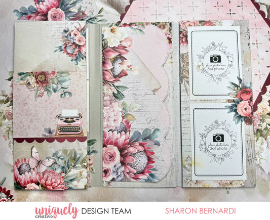 Paperbark Blooms slimline fold-out album open showing photo mat pages, protea blooms and patterned papers by Uniquely Creative