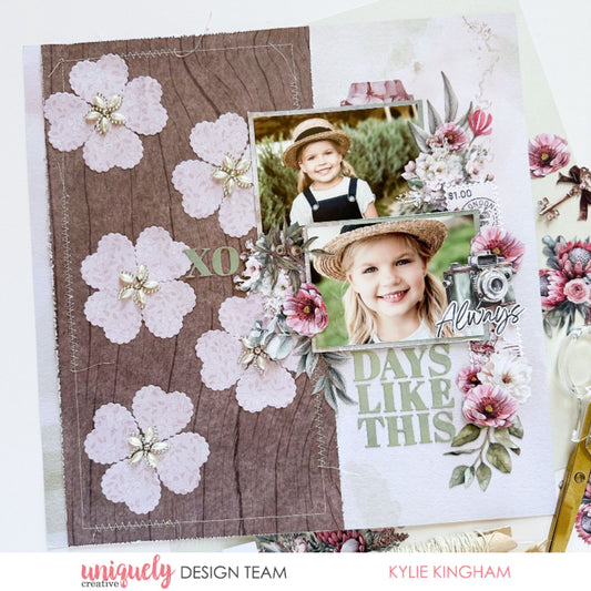 Paperbark Blooms scrapbook layout with bark texture, die-cut flowers, protea and Always Days Like This title by Uniquely Creative