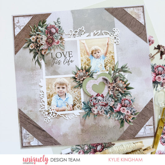 Paperbark Blooms scrapbook layout with protea, kangaroo, die-cut frame and Family Time title by Uniquely Creative