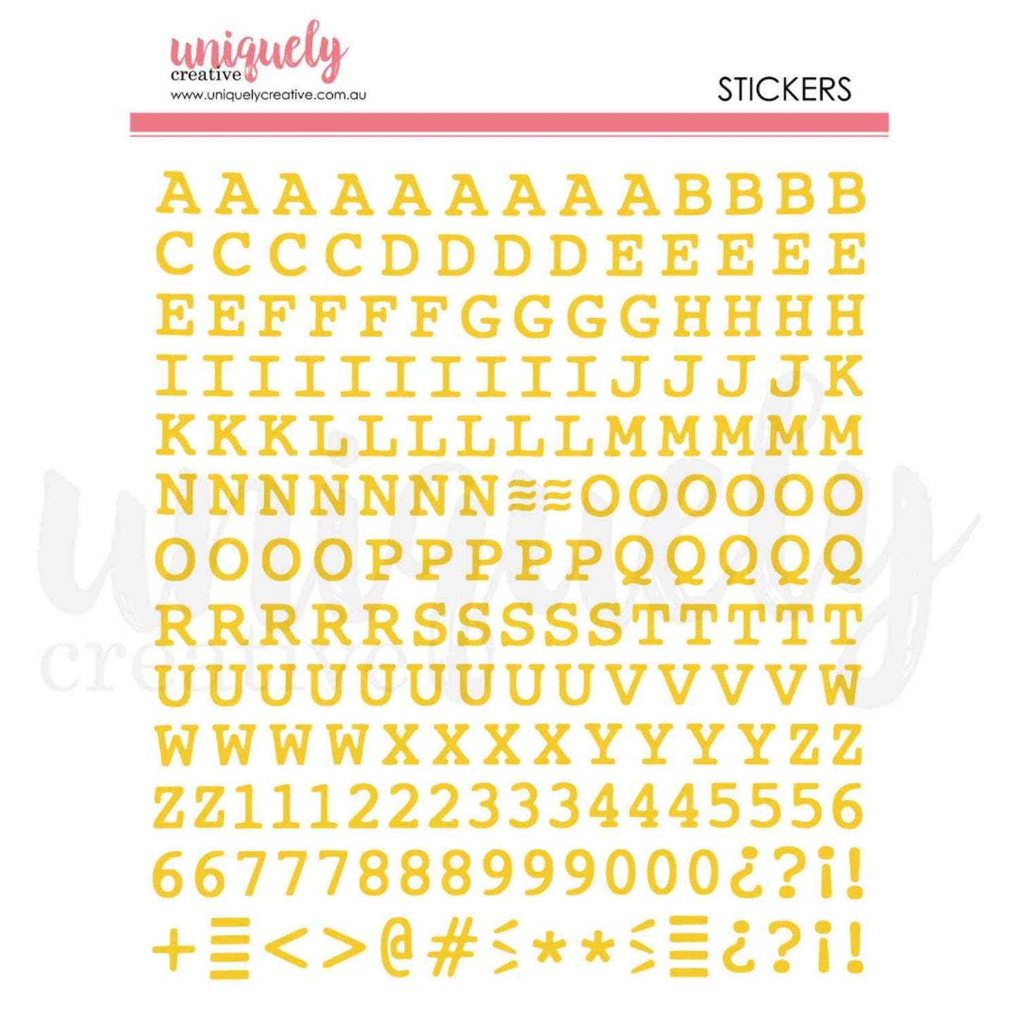 Uniquely Creative Puffy Alpha Stickers Uppercase Gold sticker sheet showing a full uppercase alphabet A–Z, numbers 0–9, and punctuation and symbol characters in warm golden yellow, approximately 1/2" size