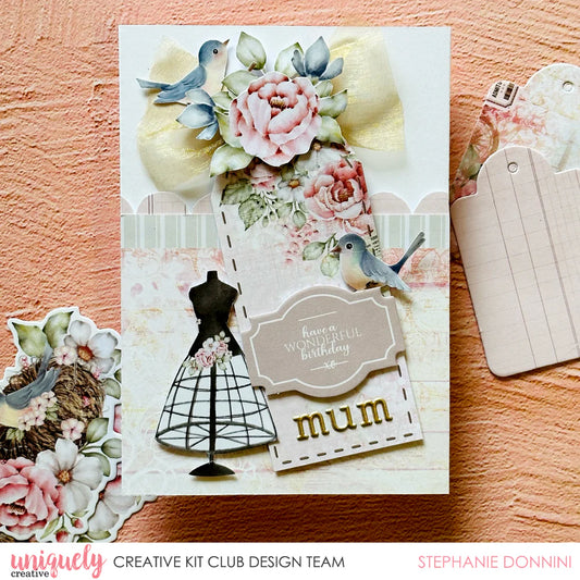 Uniquely Creative Puffy Lowercase Alpha Stickers Gold spelling "mum" on a handmade birthday card by Uniquely Creative Kit Club designer Stephanie Donnini