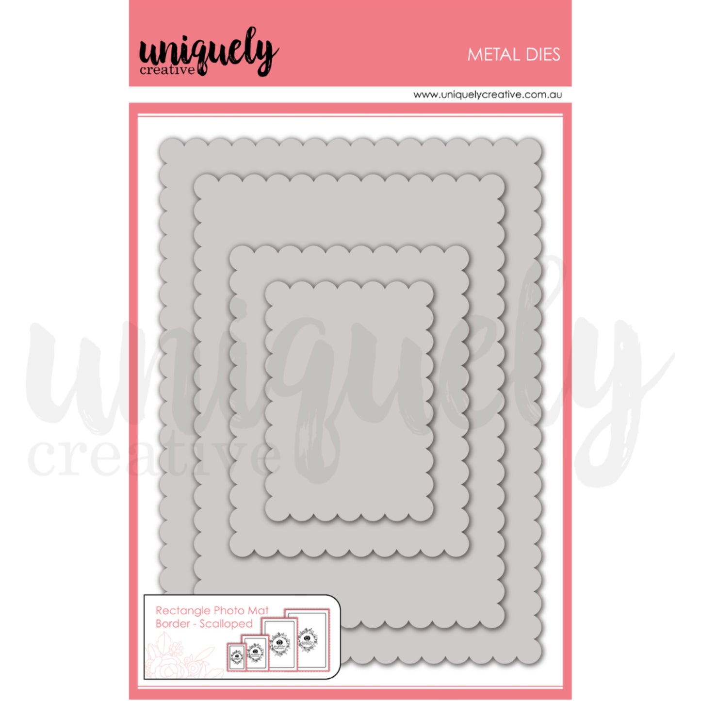 Uniquely Creative Rectangle Photo Mat Border Die Scalloped set showing four nested dies with decorative scalloped edges in graduated rectangle sizes for scrapbooking and card making